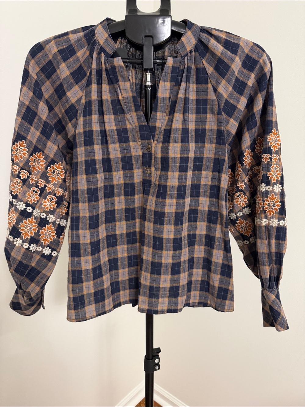 THML Navy & Tan Plaid Peasant Blouse with Embroidered Sleeves